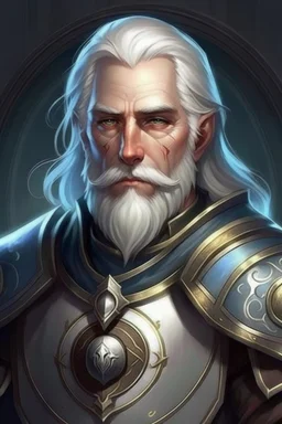 Please create an image for a 30-year old half-aasimar male with silver hair and a silver beard and blue eyes. He is a cleric of Selune, whose symbol should be placed on the cleric's shield, if visible in the image. The cleric should be wearing either medium or heavy armor, and carrying a warhammer or a mace and a shield