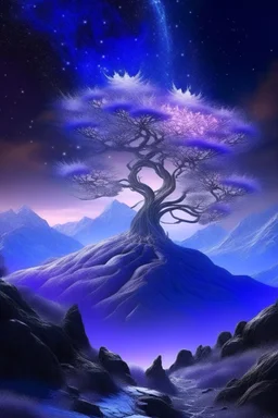 3. tree of life, mountains, lavender, luminous trunk, luxurious crown in bright lights, glitter, bright lights, neon, mysticism, dawn, starry sky, fantasy realism snowflakes, glitter, shimmering smoke,16k, surrealism, careful drawing of details, clear contour, aesthetically pleasing, threads, professional photo, realistic photo, an incredibly beautiful white landscape, dark botanical, dark fantasy, detailed