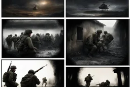 Masterpiece1:5)(Fineart), (award-winning:1.5), highest quality, (ultra realism:1.5) war journalism(,(by Tim Page and Hoorst Faas:1.5))(photorealistic:1.8),(Eastern Ukraine:(panel one:the moment after a battle ends, horrors of war, wounded men),(2nd panel, cinematic shot of men sitting in trench with 1000 yard stare (focus on their eyes:1.5)),(the third panel shows troops tired but hyper alert), (the fourth panel shows the sky is filled with incessant, fire and smoke,)
