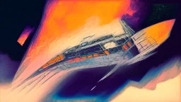 A spaceship leviating object in it, watercolour painting