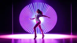 modern stage with a pretty lady in modern clothing dancing, 3D recursive structure animating background