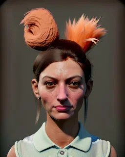 Portrait, hybrid character, waitress woman with monster muppet mask that covers her entire head, retro style, Sesame Street style, smooth, unreal engine 5, god lights, ray tracing, RTX, lumen lighting, ultra detail, volumetric lighting, 3d.