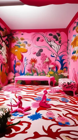 A pink realm with fairies made out of wool painted by Henri Matisse