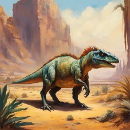 dystopian Dinotopia cyberpunk theme feathered dinosaur painted by Edgar Degas Lystrosaurus full color eating tough, drought-resistant plants that would have been common in the arid climate. desert background.