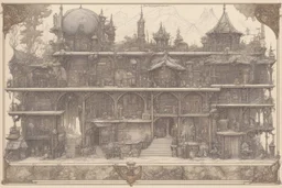 A densely packed, complex concept sheet rendered in the high-fantasy illustration style of Michael Kaluta. The layout features an aged parchment aesthetic with ink washes, cross-hatching, and intricate details defining the equipment for the "Master of Seasons" character class. The main image is a full layout of essential items. Dominating the sheet are several highly detailed weapons: a twisted 'Staff of the Vernal Equinox' carved with blossoming ivy and runes; an ornate 'Sunstone Dagger' for hi