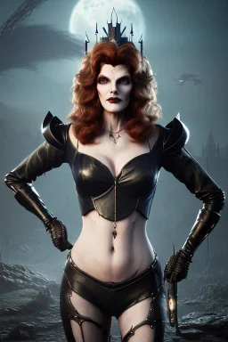 younger Rene Russo as evil queen in leather, cleavage, angry, stern look, unreal 5, octane render,cinema4d, dynamic lighting, dramatic lighting, 4k, redshift render, highly detailed, hyper realistic