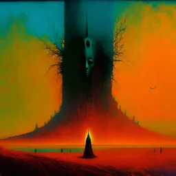 Conflicting timelines and heretical symbols, End of days Revelation scene, surreal horror, warm colors, By Pejac, by Zdzislaw Beksinski, color acrylic painting, expressionism