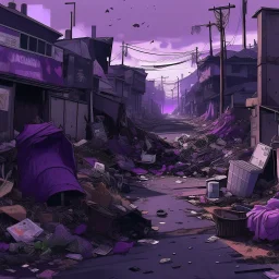 A dark purple district covered in trash