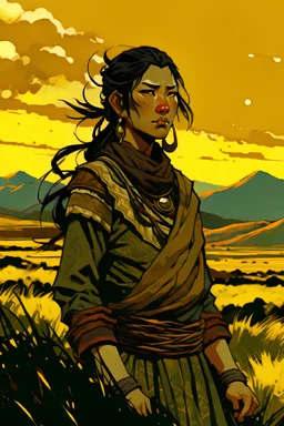 Illustration of a young woman standing in the grassland in the style of Bernie Wrightson. Olive Skin, Black Hair, Asian facial Features, Indigenous Ethnicity, Indigenous Clothing, Sami Clothing, Indigenous Adornments, Full Body. Taiga, Mountains, Tundra. Gloomy and Depressing Atmosphere. Dark Hues Color Palette, Composition Balance, Outlined Silhouettes, Shadows, Highlights, Intricate Details, Dark Fantasy, Narrative-rich Illustration, Visual Compellingness in the style of Bernie Wrightson.