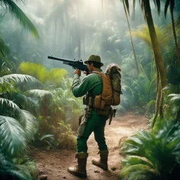 35mm film photography, [photorealistic art] a hunter with a rifle aiming at a Chilesaurus diegosuarezi. the boys in the jungle, high detail, vintage pellicule, film effect, dramatic dutch light