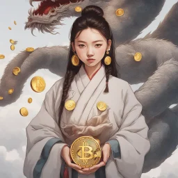 Bitcoin cryptocurrency in the hands of a traditional chinese girl, dragon head