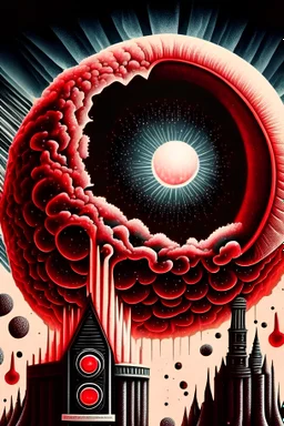 expand a picture of a dark, bloodish, organic, plasmatic dimensions flow from the black hole behind which is a lunar eclipse, inside there is pipe organ in the style of photo-realistic Stranger Things series like but without people