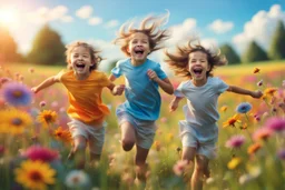 children run and laugh in the summer meadow, surrounding colors flowers, meadow, Happy and harmony vibe, blu sky and the little wind. high detailed, sharp focuses, photorealistic, cinematic