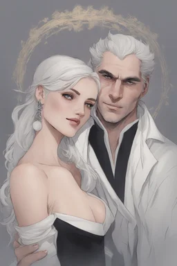 Strahd Von Zarovich being kissed by a beautiful woman with white hair, wearing an off the shoulder dress. Settling and background are a lavish toomb with an ebony coffin.