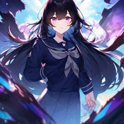 Clear focus, High resolution, Black long fluffy hair, purple eyes, wearing a sailor uniform, shattered rainbow in triagle formation, Commercial Purpose