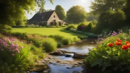 Beautiful realistic rural landscape, warm sunshine, lush plant growth, flowers, brook, peaceful, delightful, idyll, award-winning photograph, detail, beautiful composition, attractive colour, chiaroscuro, rule of thirds, arts-and-crafts house