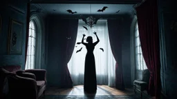 Darkened Victorian mansion interior, woman emanating light like an ethereal apparition, bats fluttering in the shadows, distressed vintage wallpaper, swaying velvet curtains, moonlight streaming through gothic windows, mysterious atmosphere, art photography, 8K hyperdetailed