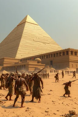 Laborers toil endlessly under the Pharaoh’s orders, building a massive golden pyramid in the desert. The scene highlights their exhaustion and despair, contrasted with the grandeur of the structure.