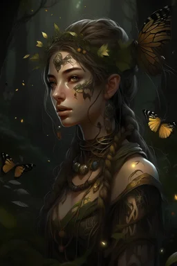 a 23 year old, female forest priest. dressed in rugged, very thin clothes. beautiful hair with leaves, twigs and flowers braided in. tattoo on the left side of the face. chest made from thousands of living butterflies. full upper body visible. fireflies illuminating the scene. a lot of intricate detail and fine lines, digital artwork masterpiece. very delicate stature, slim but not skinny.