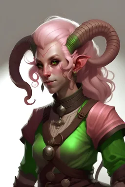 Young female tiefling with only 1 horn. She has Brown pink white hair and green eyes.