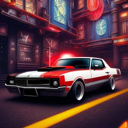 spray paint art, long shiny flat red and white muscle car in motion, man in suit with big machine guns and great style,bullets flying, evening, seen from balcony, dirty city alley, heist action, book cover