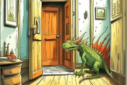 A good dragon knocks on the door of a child's room, realism photographic, graphic novel,