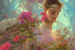 gardenia flowers, colorful, psychedelic, intricate, elegant, highly detailed, digital painting, artstation, concept art, smooth, sharp focus, illustration, art by artgerm and greg rutkowski and alphonse mucha, ballerina, ghibli robot