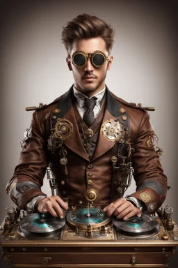 Front view Photography Realistic HD Natural Beauty Steampunk classic full mechanical man as dj player