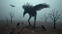 close in center weird crepy bird-man creature around different small dark crepy birds and far away surreal thriller vibe trees in alternative surreal barren, dry, gloomy world, nightmare in abyss, deep vortex, black, gray, purple, brown, silver, dark red colors, surreal, weird dark fantasy, deep dark colors, sharp lines, crepy stunning, high detalied, weird, fog, shadows, realistic, surreal, highly detailed, melancholic thriller mood