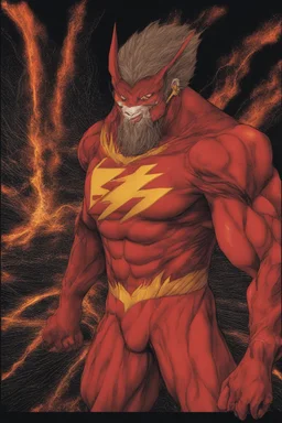 close-up, Head and shoulders portrait of extremely muscular werewolf as the Flash wearing red, bandit eye mask, a bright red spandex flash suit with gold boots, and gold wrist gauntlets, standing up straight, with his arms at his sides, looking directly into the camera, extremely colorful, multicolored lightning, outer space, planets, stars, galaxies, fire, explosions, smoke, volcanic lava, craggy mountain peaks in the background, 32k UHD, 1080p, 1200ppi, 2000dpi, digital photograph