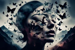 Double exposure image, facing the camera close up a closed eyes fade face woman portrait with shattered, cracked head out many black butterflies explosed in front of forehead and flying around and swirl, high mountains silouttes, pale moon, deep fade colors, soft lines, melting colors and shapes, surreal mood, smoke, nightmare, melting painted, dramatic shadows, dark mood , fog, dark fantasy, dreamlike atmosphere, crepy stunning.