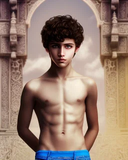 beautiful 12 year old arabic boy with long, curly hair and light blue eyes,shirtless, in front of a temple