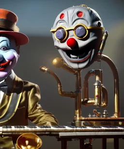 happy friendly mechanoid clown playing jazz with a steampunk theme, realistic