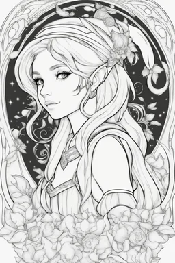 Outline art for cute Fantasy coloring pages with elf, white background, Sketch style, full body, only use outline, Mandala style, clean line art, no shadows and clear and well outlined