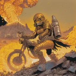 Un motociclista en armadura dorada antigua con lanzallamas en un estilo de comic de 1980 en un wasteland metropolis con un volcan de fondo