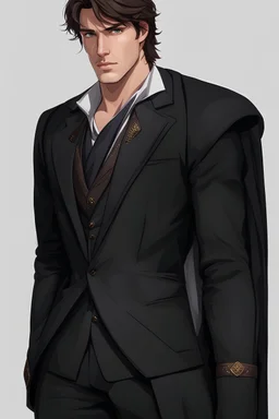 A white man, warlock in a suit, brown hair and brown eyes, fit and handsome. Realistic