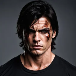 35 year old muscular evil male with medium length dark hair. scarred face. scowling expression, wearing a black teeshirt