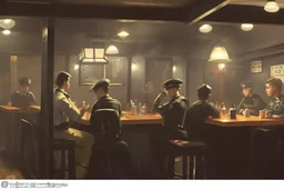 Smoky pub, cheerful young men drinking around a table, a policeman looking thoughtfully at the ID card of one of the boys, lamplight