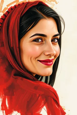 Palestinian woman with a beautiful face, turning her face slightly to the right, smiling slightly, her mouth closed, not showing her teeth, she looks drawn with oil paints