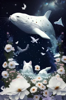 Whales and cats and white flowers and diamonds in space.