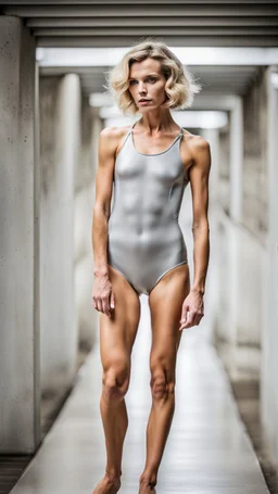 beautiful anorexic woman, total shot, short silver triathlon swimsuit, short blond wavy bob hair, blurred concrete background