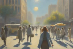 sunny day, city, sci-fi, people, epic, claude monet influence, realistic painting