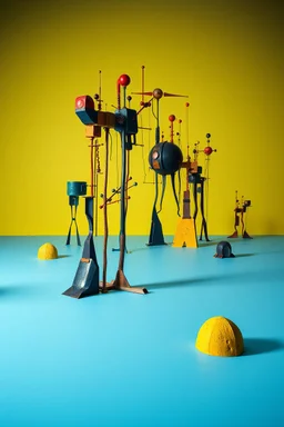 Fotografia di una superficie piatta di colore azzurro chiaro e giallo pastello, su cui si ergono enormi surreali strutture di forma astratta e surreale, di metallo, di colori vari, forti contrasti. Buio. Joan Miró odd style. Strong 3d deep field. Oscurità, paranoic, obsessive, homologic, phobic, nightmare, notte, glossy, hasselblad h6d400c --ar 85:128 --v 6.