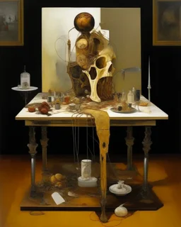 human body, universe-like table,complex surgical instruments mixed with human body-like musical instruments,minimalism,Painting By Adrian Ghenie, Rene Magritte, Salvador Dali, Lucian Freud