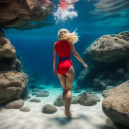 [bokeh macro view] A 25-year-old blonde woman in a red swimsuit is exploring a rock horizontally underwater near the seabed. Viewed from behind, we clearly see only her lower body and legs. her focus is on a extraordinary fish