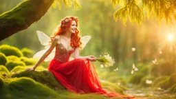 A gorgeous smiling red head model in a fairy outfit with great glittering wings in a hills of flowers with 1000 y/o trees, a small torrent, loads of mini flowers, moss, sun rays through the branches, particles in the air at spring