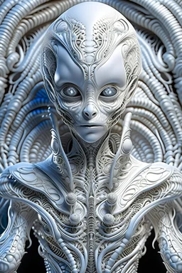 A beautiful alien with big eyes and small nose and mouth wearing a bioluminescense all white zafír wearing biomechanical amalgamation style leather jacket dress ribbed with silver floral metallic filigree biomechanical vantablack pattern, organic bio spinal ribbed detail of gothic winter backround extremely detailed maximalist hyperrealistic portrait art