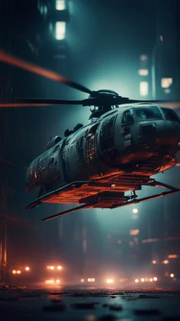 Shi Fi, a helicopter atmospheric lighting effects, intricate industrial details, moody atmosphere, eerie grimdark ambiance, complex motherboard accents, speculative fiction art. Bokeh