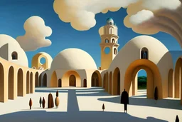 A surreal town with arches and domes, clouds and with long shadows by artist "Berndnaut" and "Leonora Carrington" and "de Chirico"