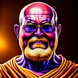 Ultra detailed fullbody Portrait in oil on canvas of master roshi merges with Thanos ,extremely detailed digital painting,extremely detailed face,crystal clear Big eyes, mystical colors ,perfectly centered image, perfect composition, rim light, beautiful lighting,masterpiece,8k, stunning scene, raytracing, anatomically correct, in the style of robert e howard and InHyuk Lee and Ohrai Noriyoshi and Simon Bisley and Wizyakuza.